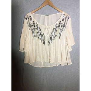 Womens Ecote Blouse V Neck Cropped Embroidery Tie Front Colorful Tan Boho